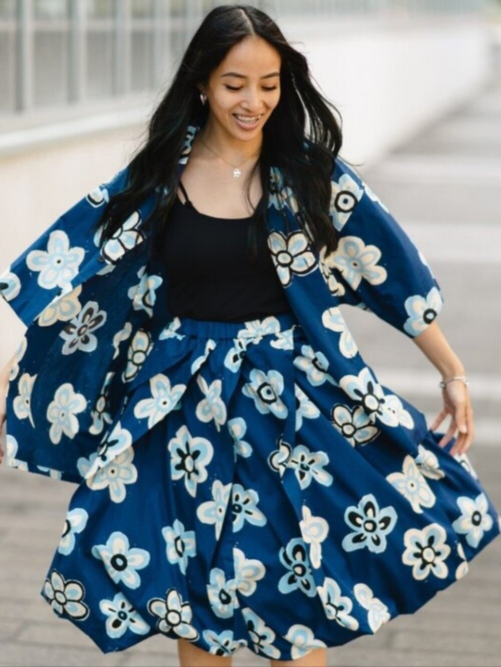 NWOT Marni X Uniqlo Balloon Shaped Navy Blue Floral A-Line Skirt - Size L